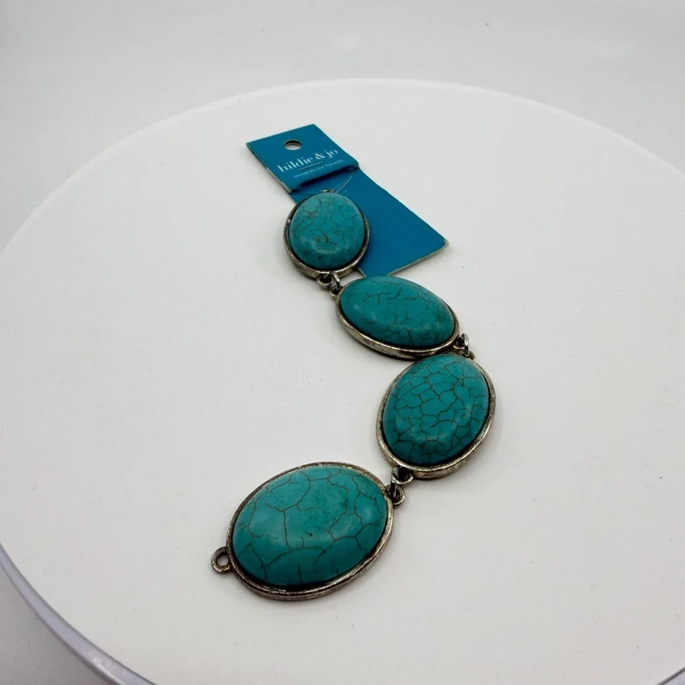 Hildie & Jo Turquoise Blue Wagnerite Oval Bead Links Silver Tone Jewelry Making